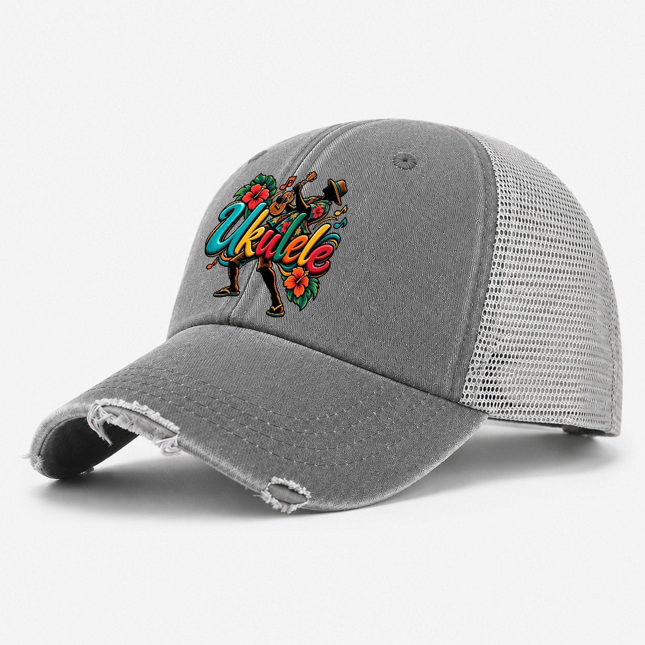 Ukulele Wordmark Music Instruments Washed Trucker Hat – Grey