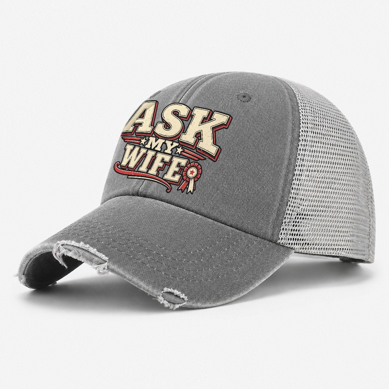 Ask My Wife American Wit Washed Trucker Hat – Grey