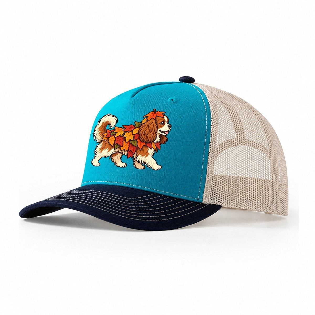 One Cavalier King Charles Spaniel In Halloween Costume Fallen Leaf Pile Costume With Orange And Red Felt Leaves Halloween Dog Parade Trucker Hat – Teal Navy