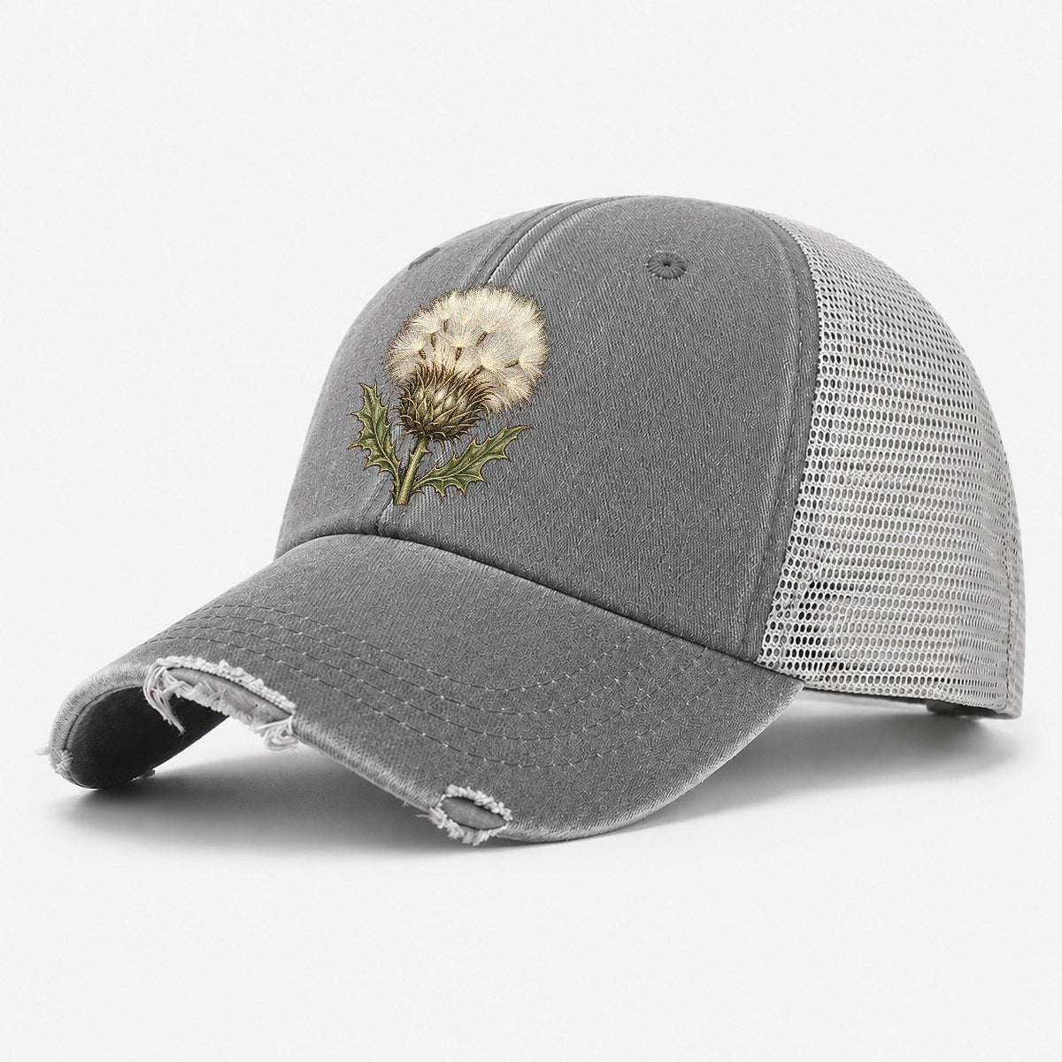 Thistle Silvery Seedhead Pastimes Companions Washed Trucker Hat – Grey