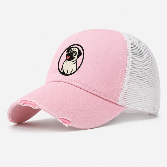 Playful Pug Washed Trucker Hat – Light Pink