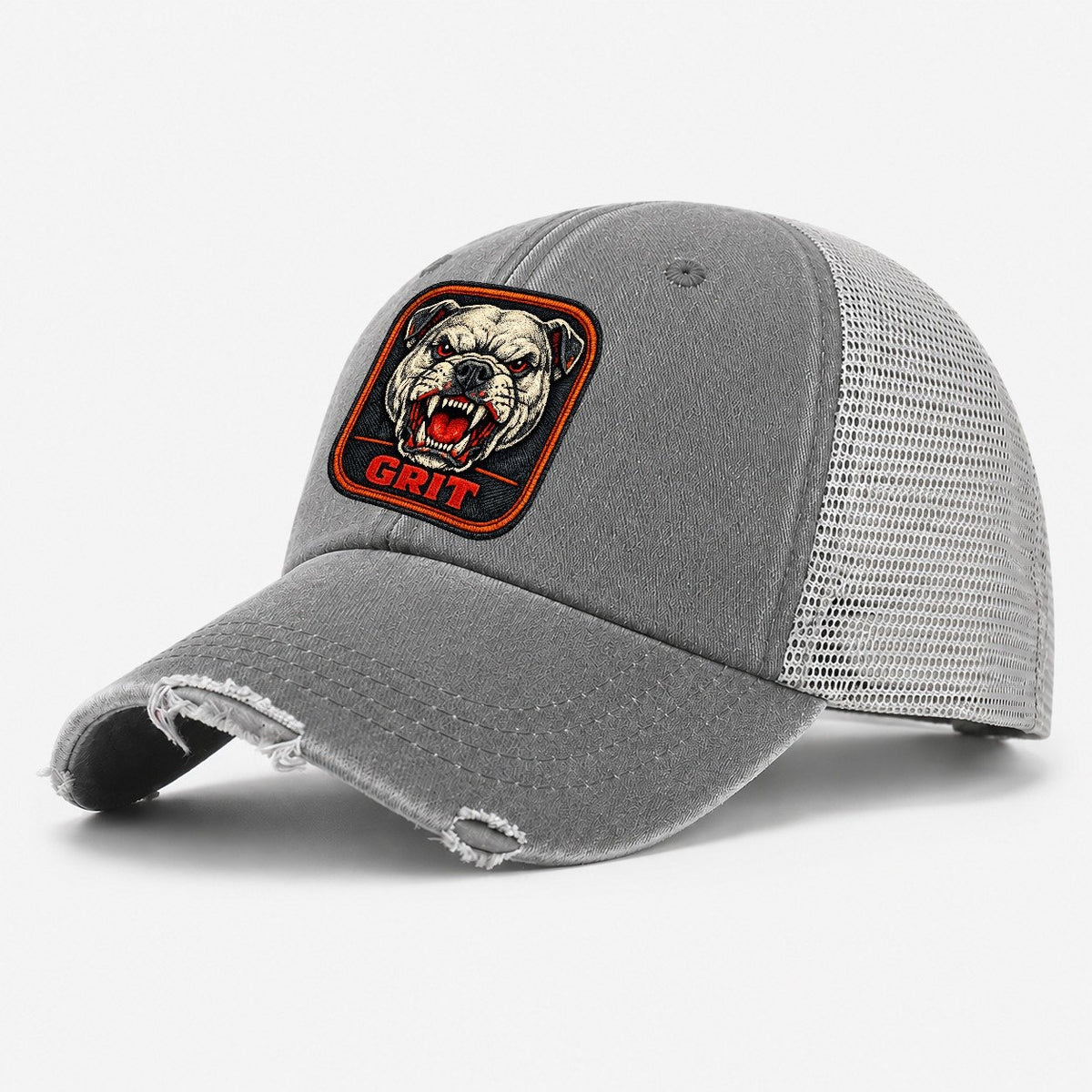 Bulldog Grit Badge Washed Trucker Hat – Grey