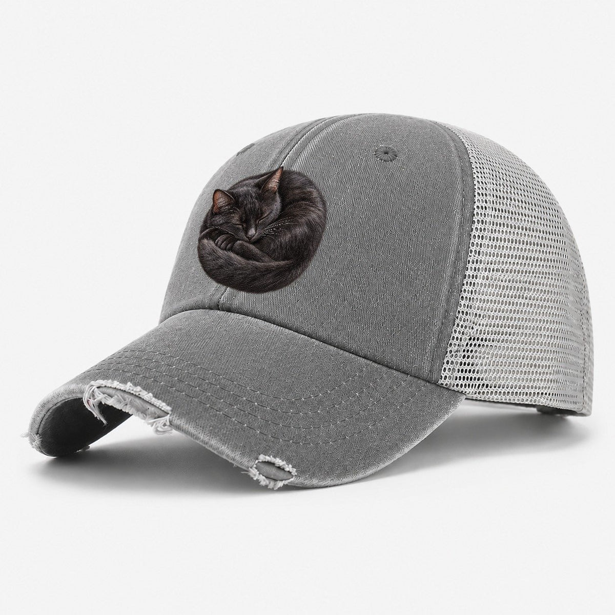 Black Cat Tail Crescent Nap Pastimes Companions Washed Trucker Hat – Grey