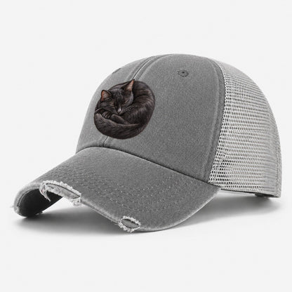 Black Cat Tail Crescent Nap Pastimes Companions Washed Trucker Hat – Grey