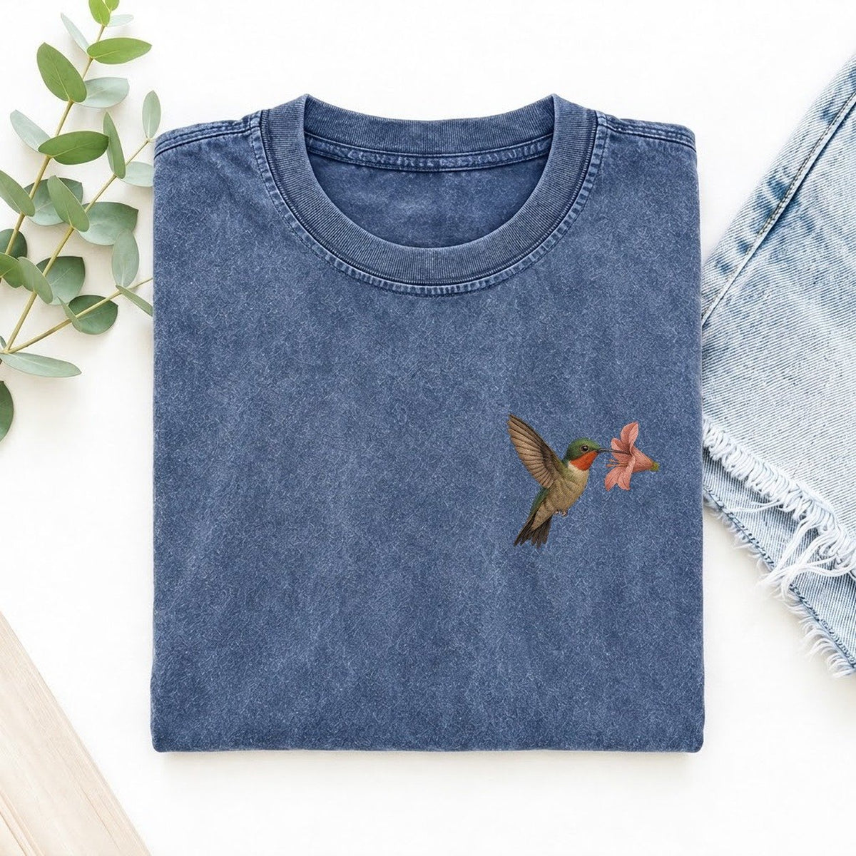Hummingbird Haven Left Chest Vintage T-shirt – Washed Blue
