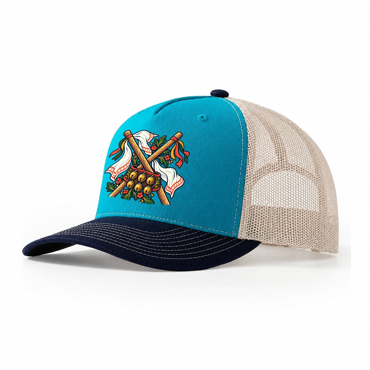 Morris Dance Bells Sticks And Handkerchiefs Uk Culture Heritage Trucker Hat – Teal Navy