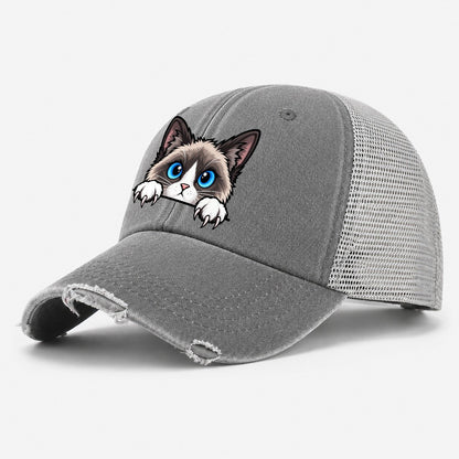 Snowshoe Cat Peeking Peeking Cats Washed Trucker Hat – Grey