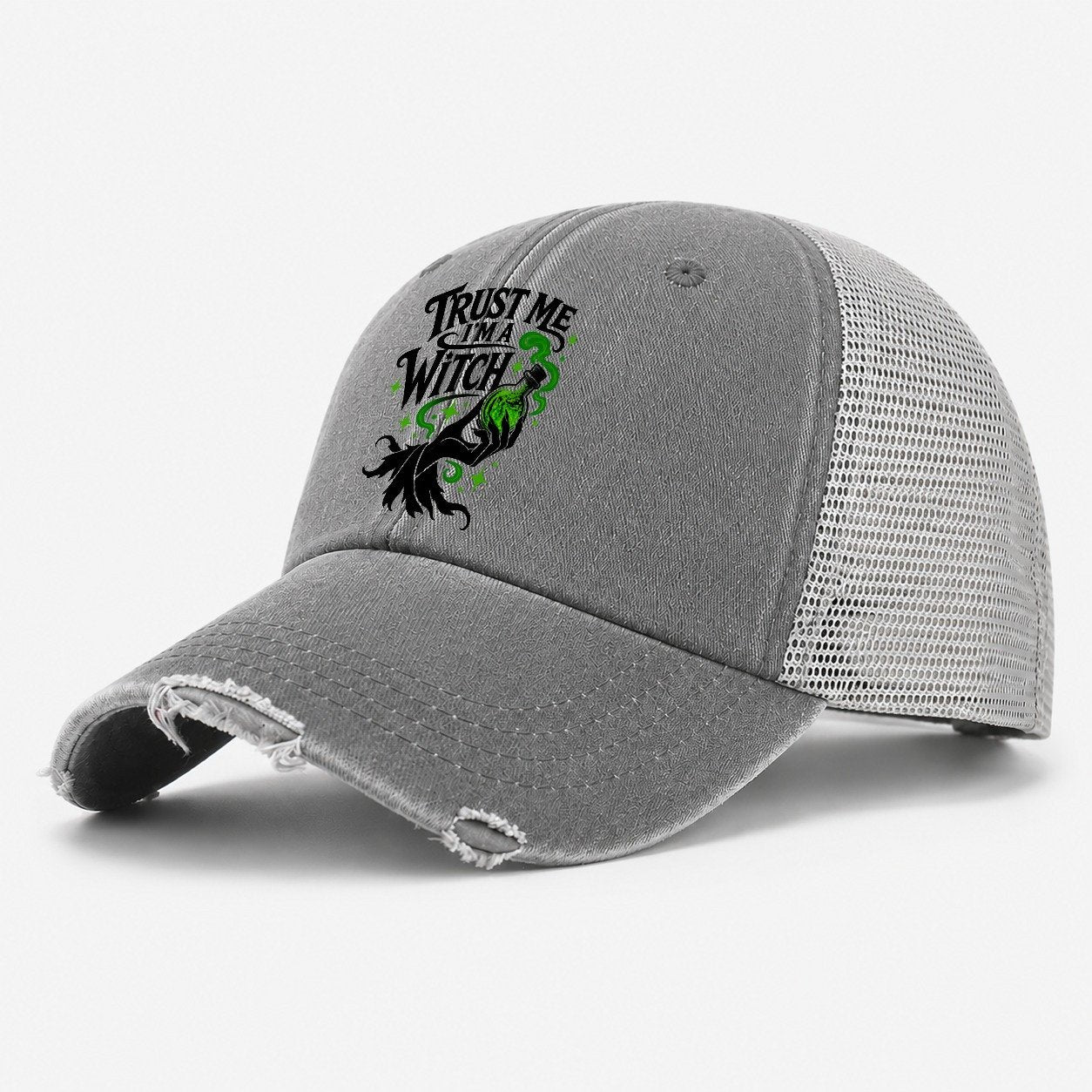 Trust Me I Am A Witch Slogan Witch Magic Washed Trucker Hat – Grey