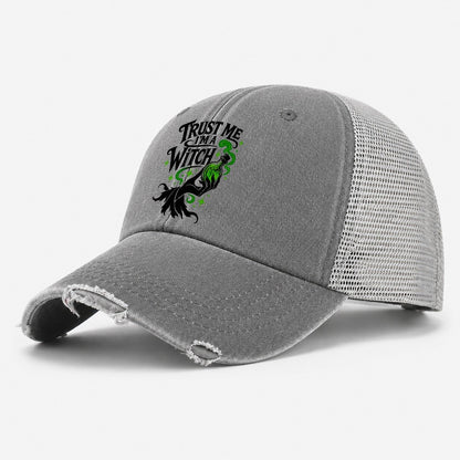 Trust Me I Am A Witch Slogan Witch Magic Washed Trucker Hat – Grey