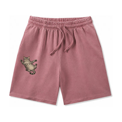 American Shorthair Silver Tabby Classic Pattern Fully Relaxe Washed Shorts – Burgundy