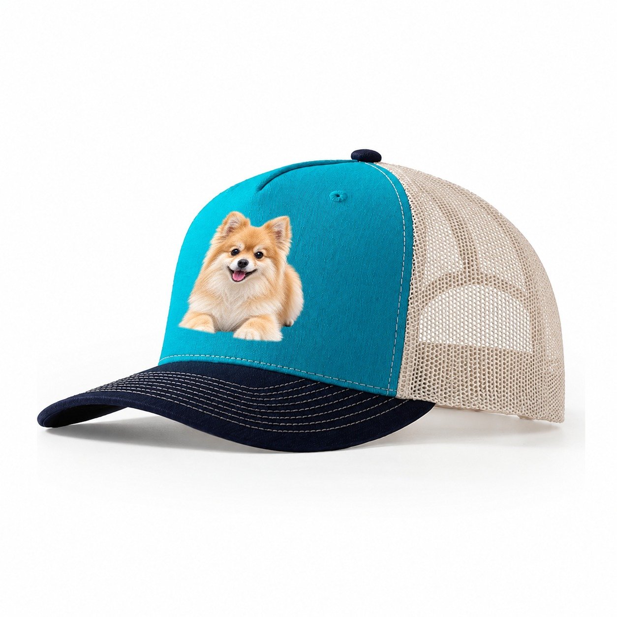 Pomeranian Lying Down Top Breeds Trucker Hat – Teal Navy