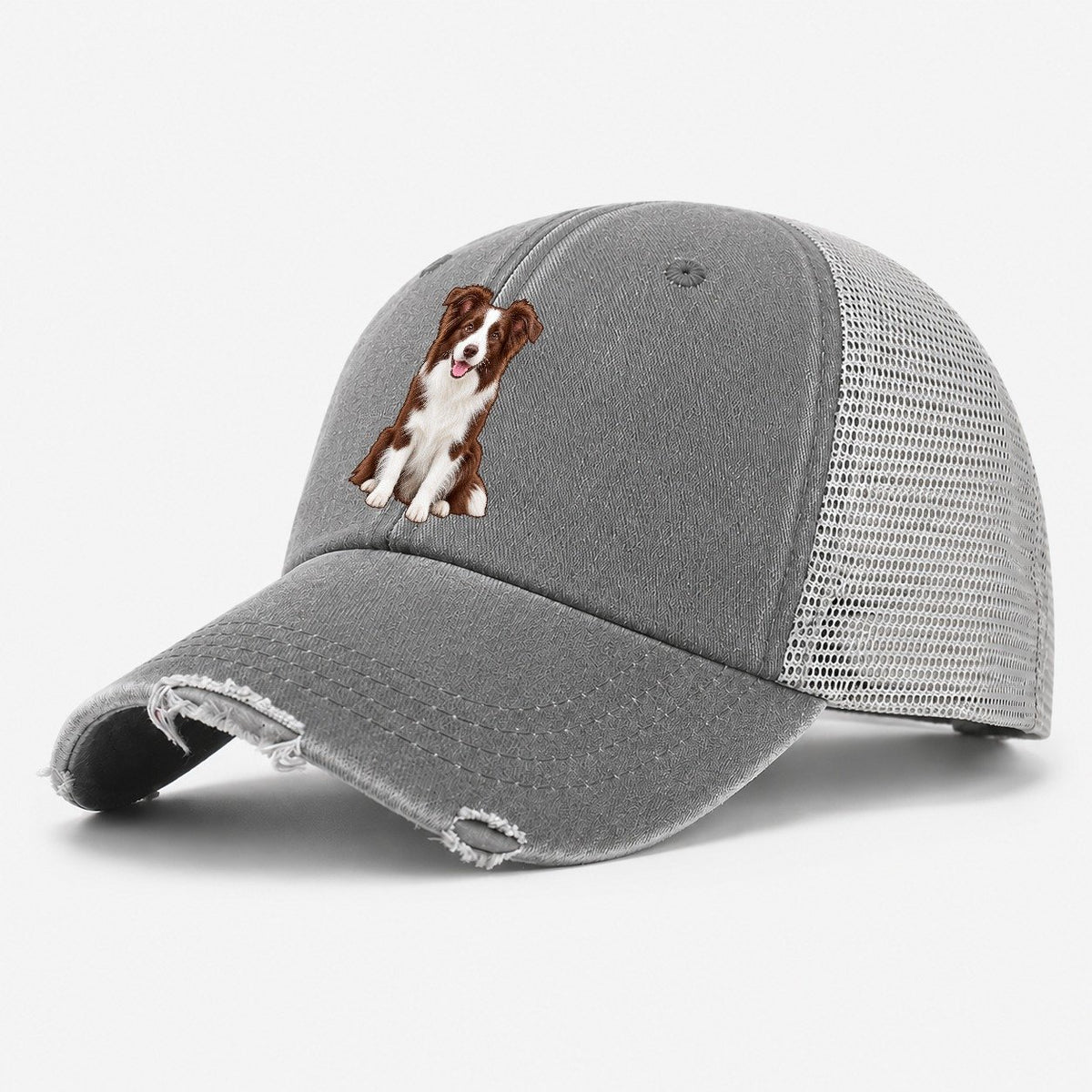 Brown And White Border Collie Washed Trucker Hat – Grey