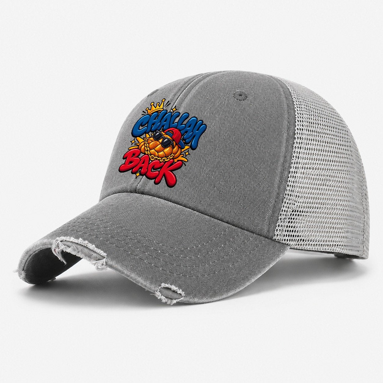 Challah Back Retro Judaism Heritage Washed Trucker Hat – Grey