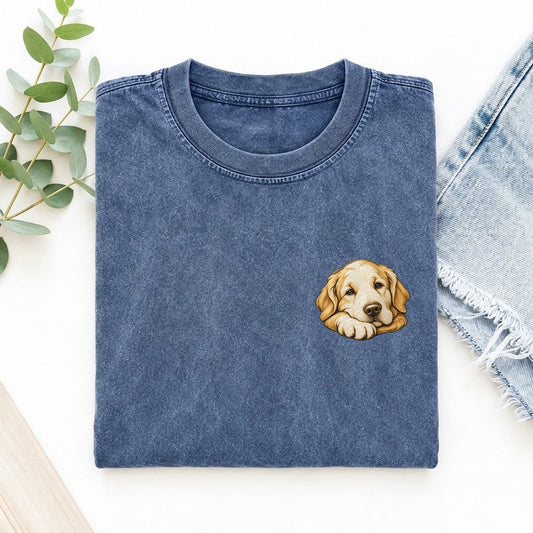 Retriever Folded Paw Keepsake Emblem Left Chest Vintage T-shirt – Washed Blue