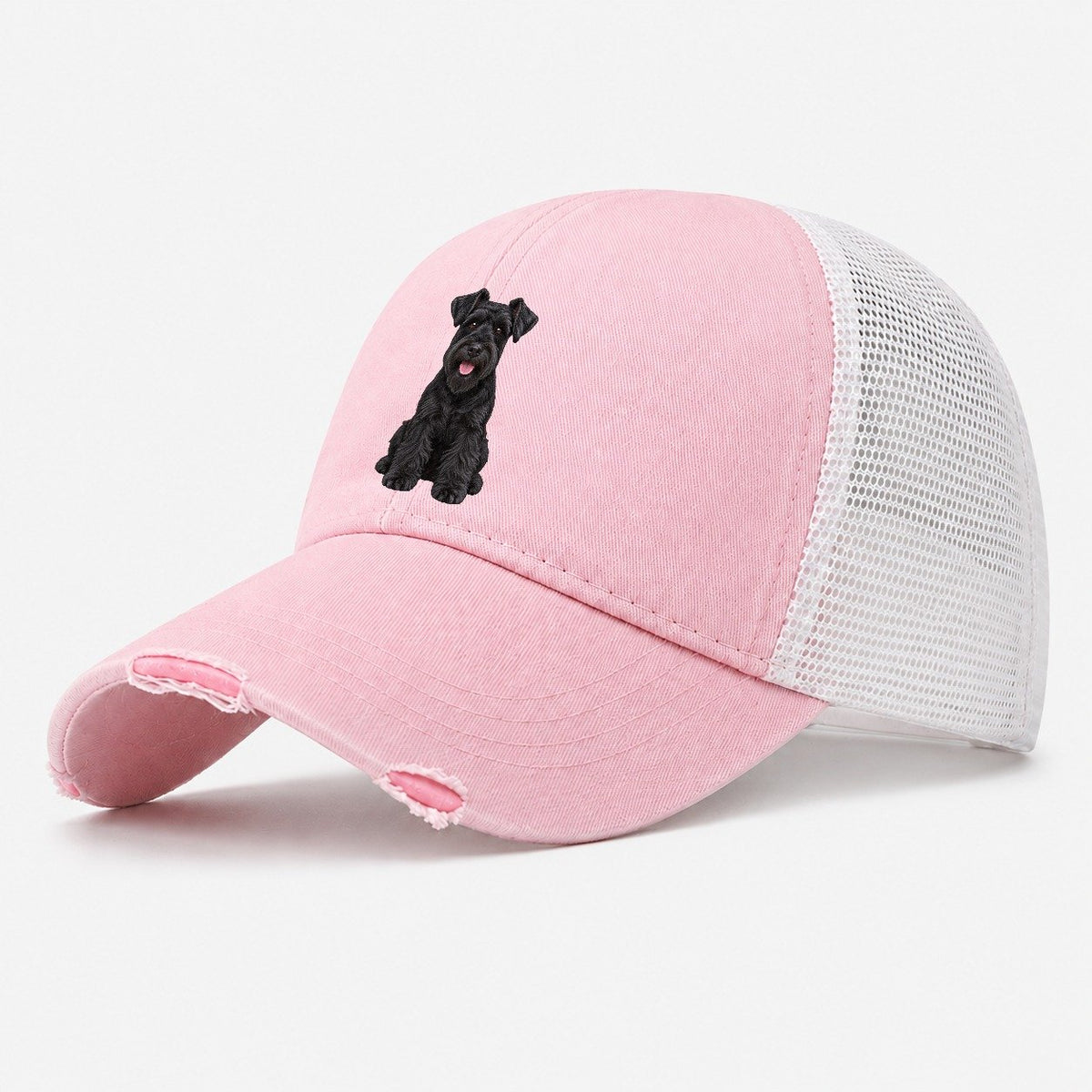 Black Miniature Schnauzer Washed Trucker Hat – Light Pink