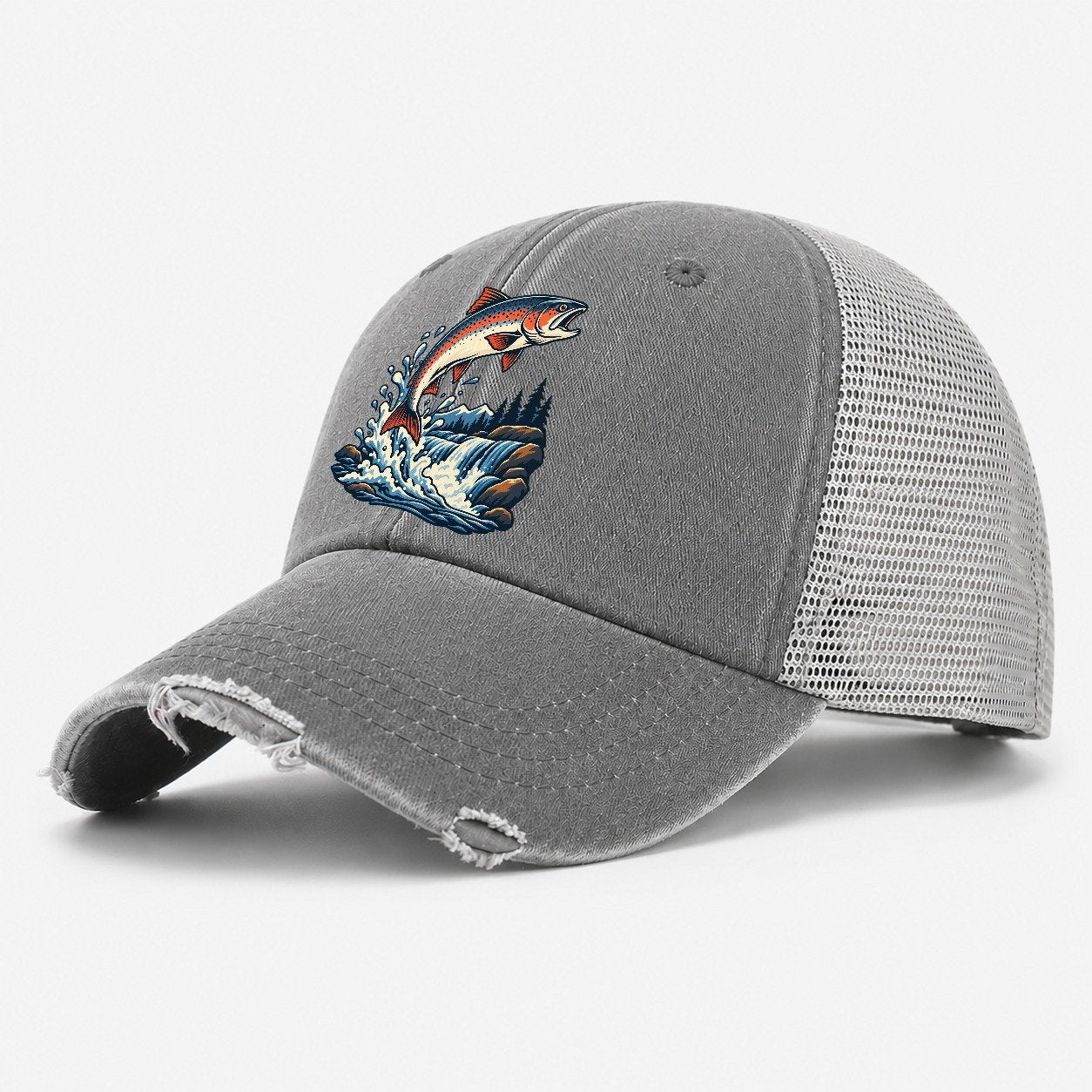 Salmon Leap Arc Fishing Elegant Washed Trucker Hat – Grey