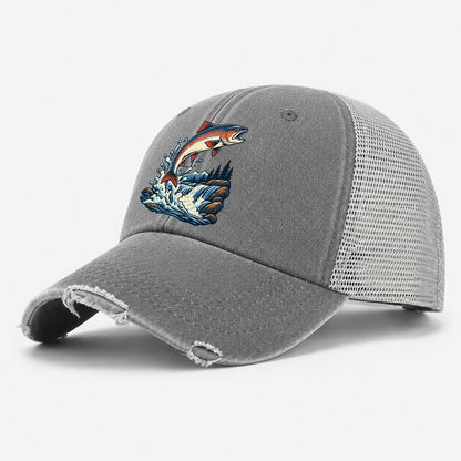 Salmon Leap Arc Fishing Elegant Washed Trucker Hat – Grey