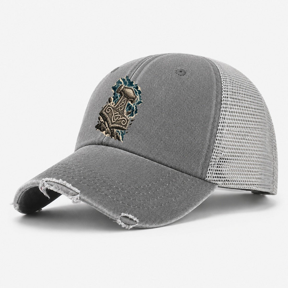 Mjolnir Hammer Celtic Knotwork Washed Trucker Hat – Grey