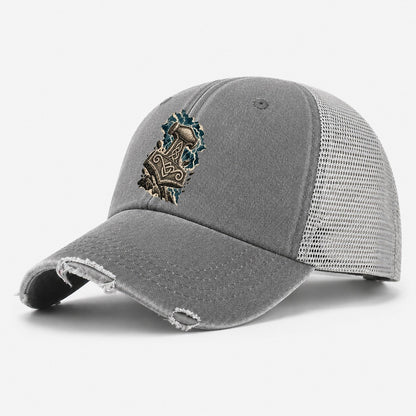 Mjolnir Hammer Celtic Knotwork Washed Trucker Hat – Grey