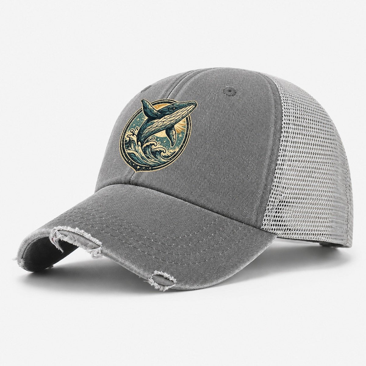 Vintage Whale Ocean Waves Washed Trucker Hat – Grey