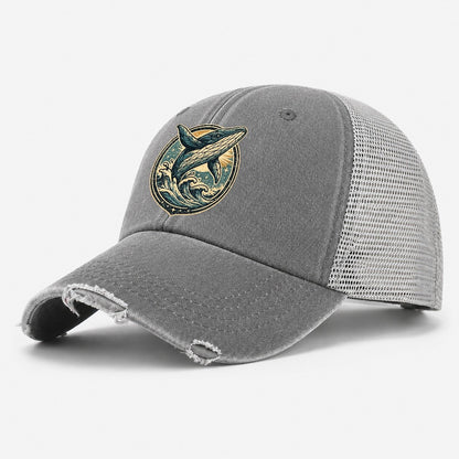Vintage Whale Ocean Waves Washed Trucker Hat – Grey