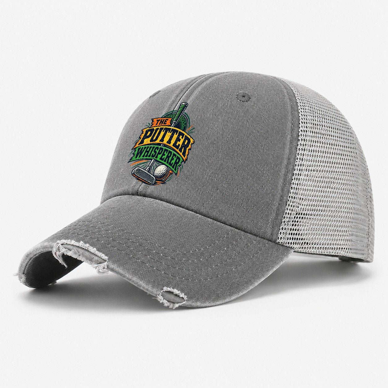 The Putter Whisperer Golf Life Washed Trucker Hat – Grey