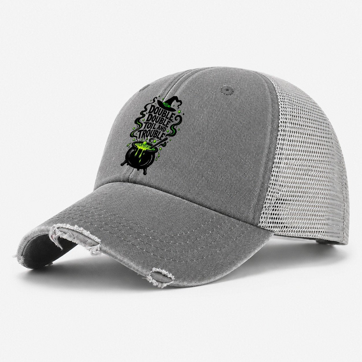 Double Double Toil And Trouble Slogan Witch Magic Washed Trucker Hat – Grey