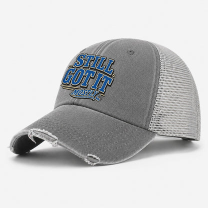 Still Got It Mostly American Wit Washed Trucker Hat – Grey