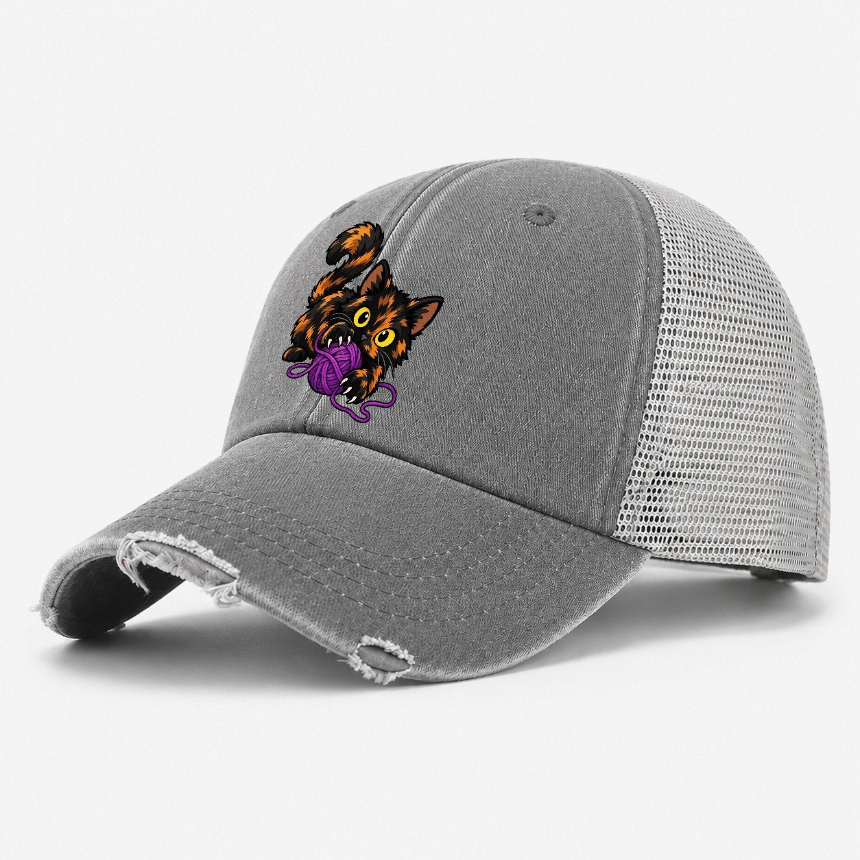 Tortoiseshell Playing Yarn Peeking Cats Washed Trucker Hat – Grey