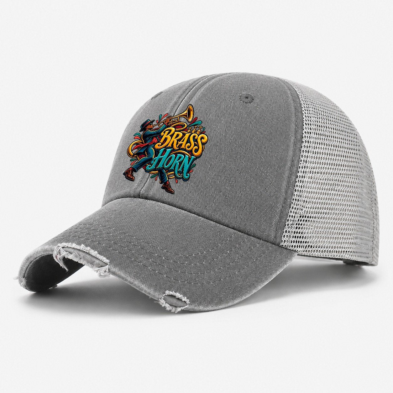 Brass Horn Wordmark Music Instruments Washed Trucker Hat – Grey