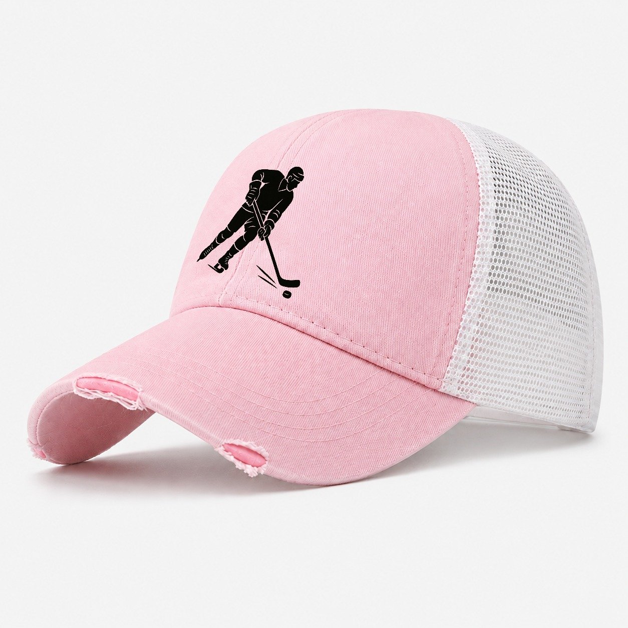 Ice Hockey Player Shooting Puck Washed Trucker Hat – Light Pink