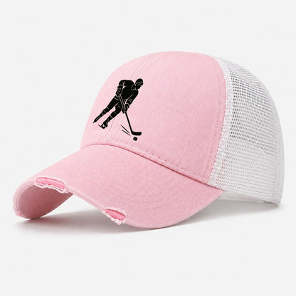 Ice Hockey Player Shooting Puck Washed Trucker Hat – Light Pink