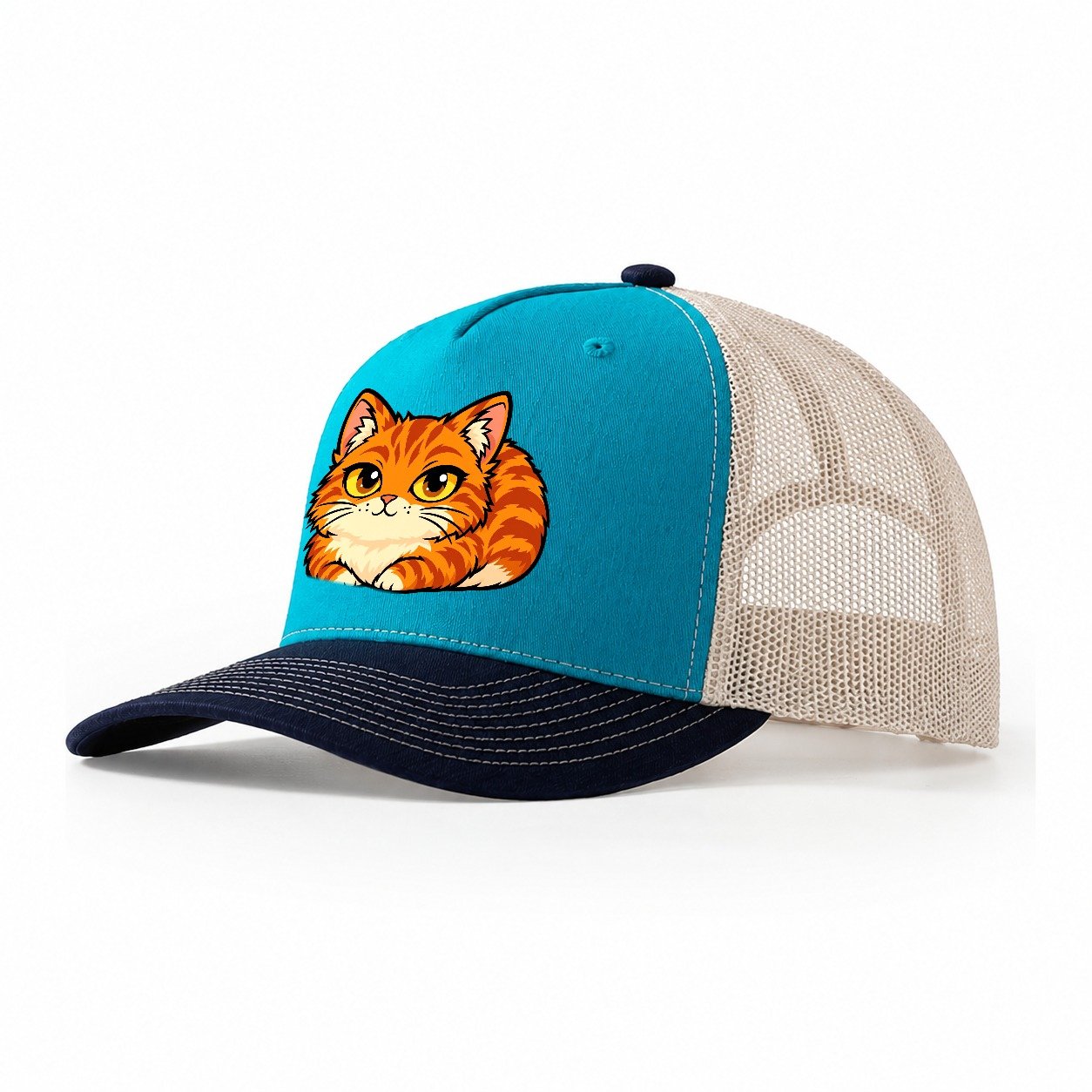 Orange Tabby Loafing Peeking Cats Trucker Hat – Teal Navy