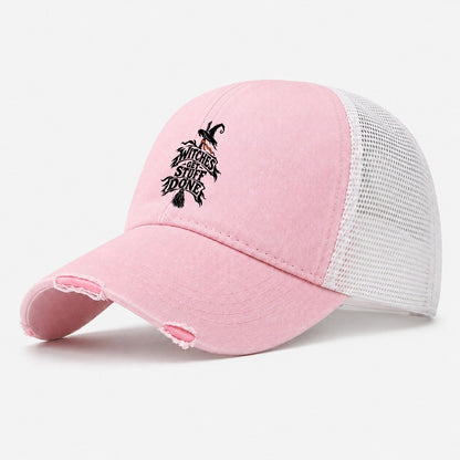 Witches Get Stuff Done Slogan Witch Magic Washed Trucker Hat – Light Pink