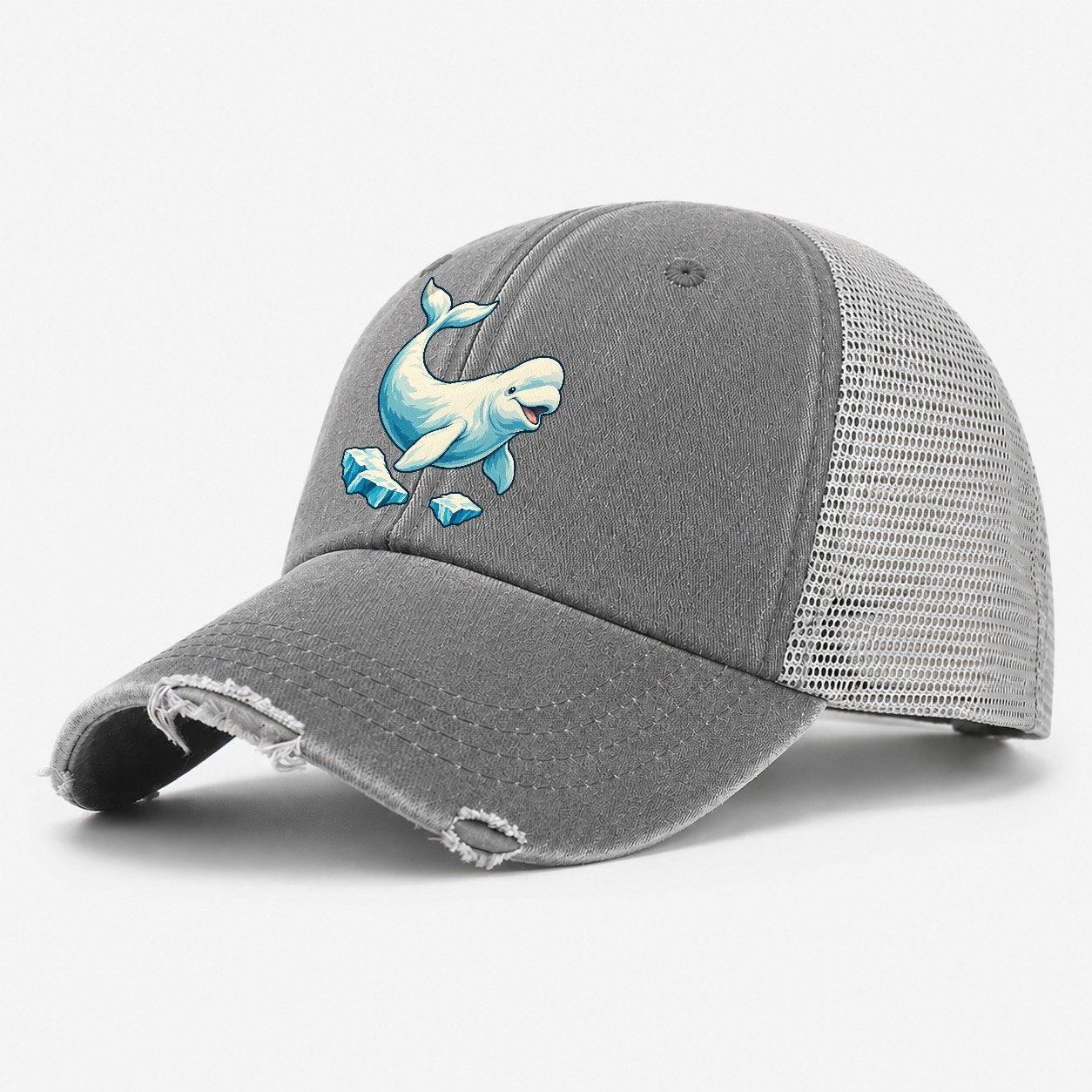 Beluga Whale And Floating Ice Canada Cultural Icons Washed Trucker Hat – Grey
