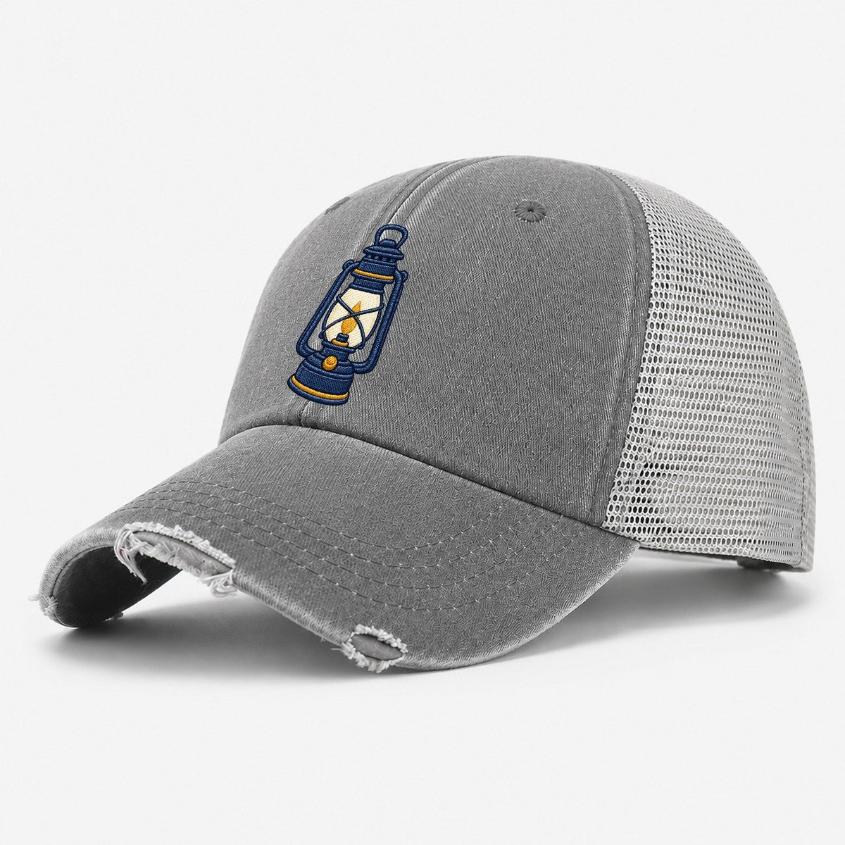 Camp Lantern Tiny Solo Marks Washed Trucker Hat – Grey