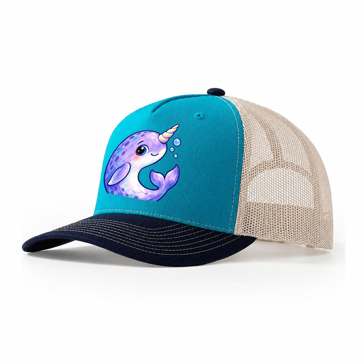 Narwhal Crescent Curl Sea Sprite Trucker Hat – Teal Navy