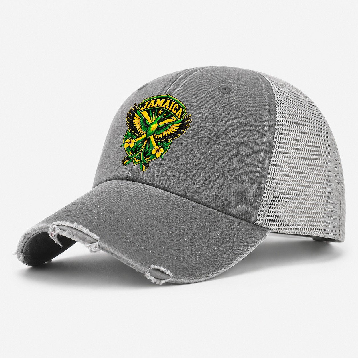 Jamaica Retro Badge Country Logos Washed Trucker Hat – Grey