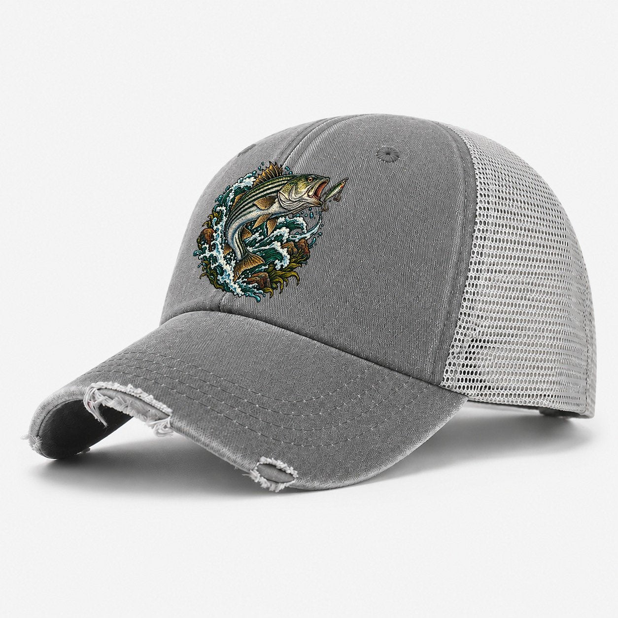 Striped Bass Surge Fishing Club Washed Trucker Hat – Grey