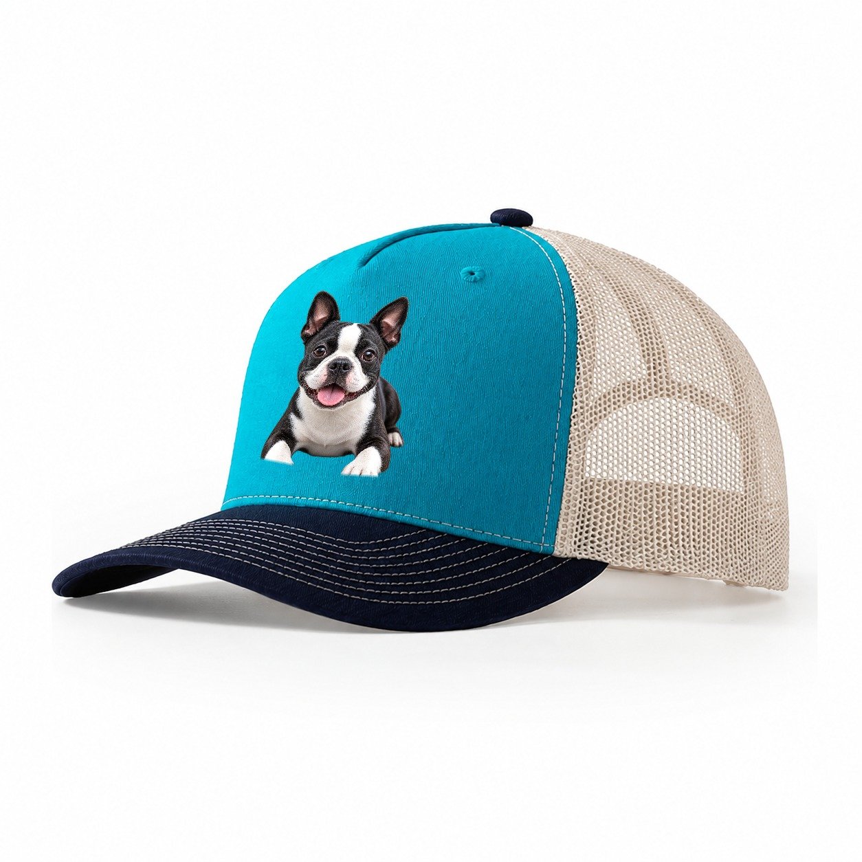 Boston Terrier Lying Down Top Breeds Trucker Hat – Teal Navy