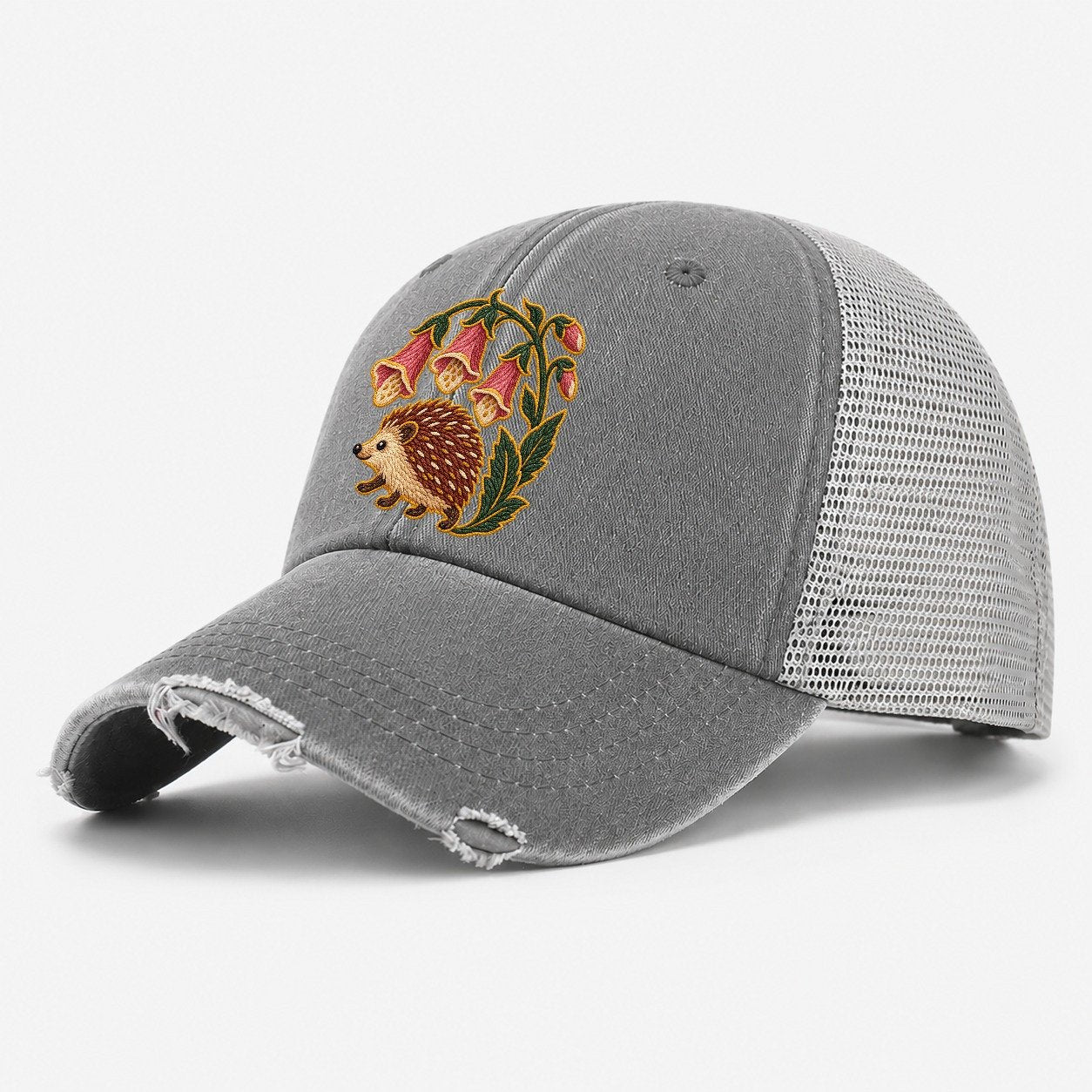 English Foxglove And Hedgehog Uk Culture Heritage Washed Trucker Hat – Grey