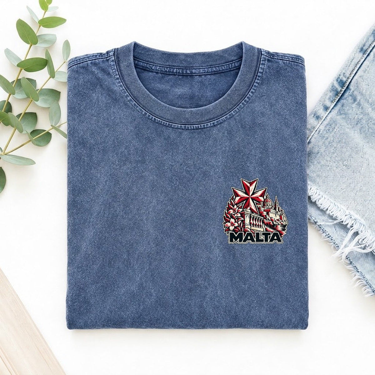 Malta Country Pride Left Chest Vintage T-shirt – Washed Blue