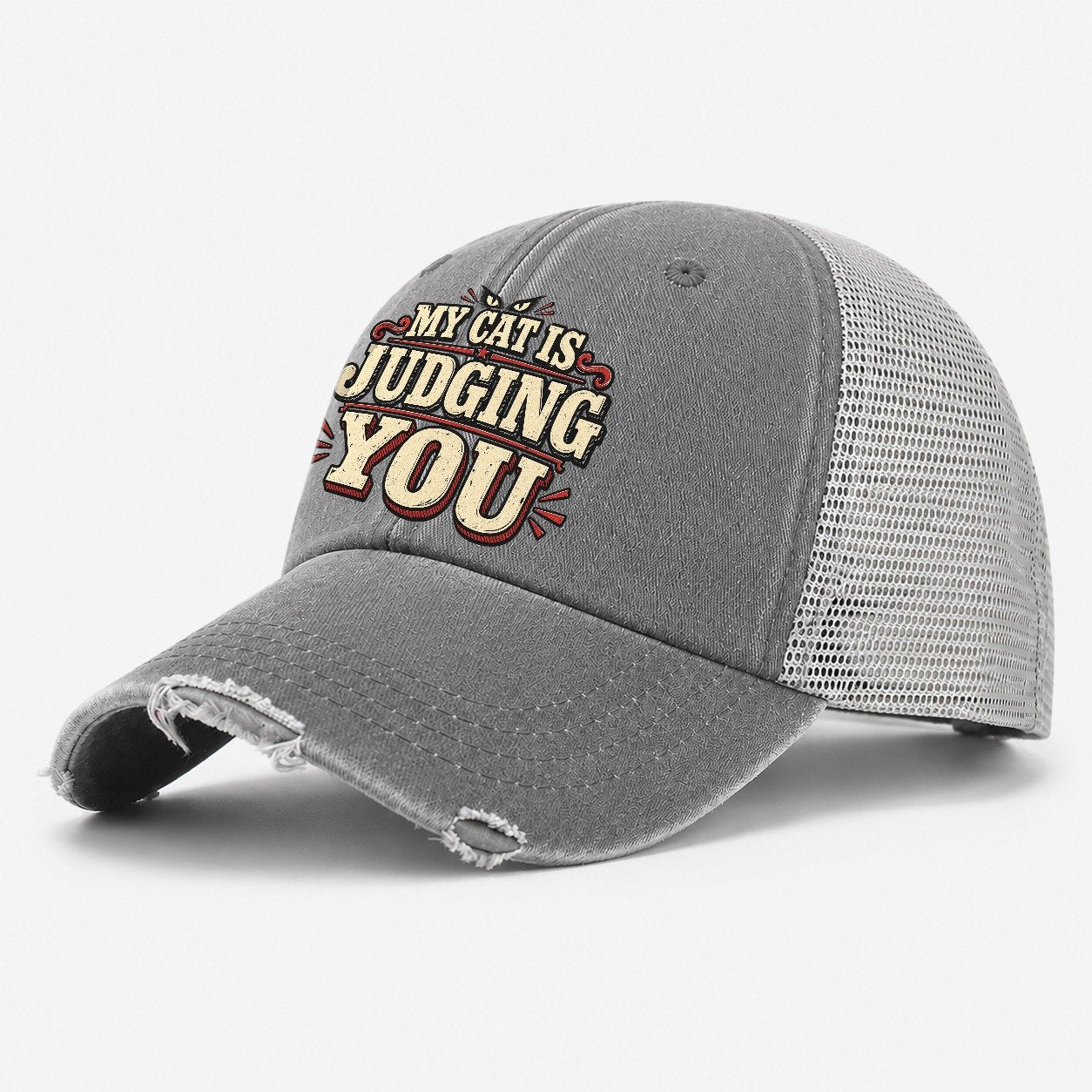 My Cat Is Judging You American Wit Washed Trucker Hat – Grey
