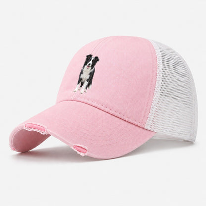 Border Collie Standing Top Breeds Washed Trucker Hat – Light Pink