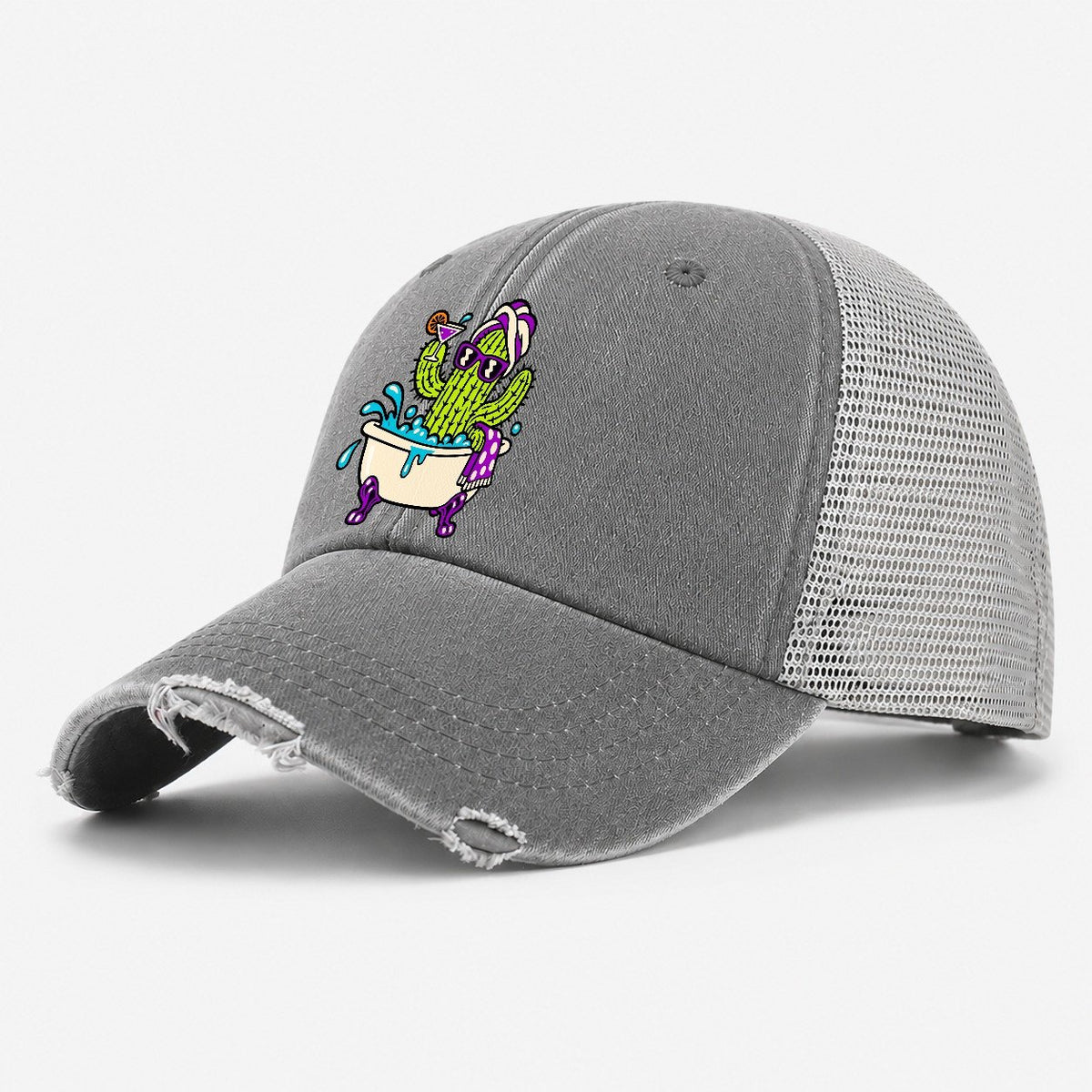 Cactus In A Bathtub Crazy Styles Washed Trucker Hat – Grey