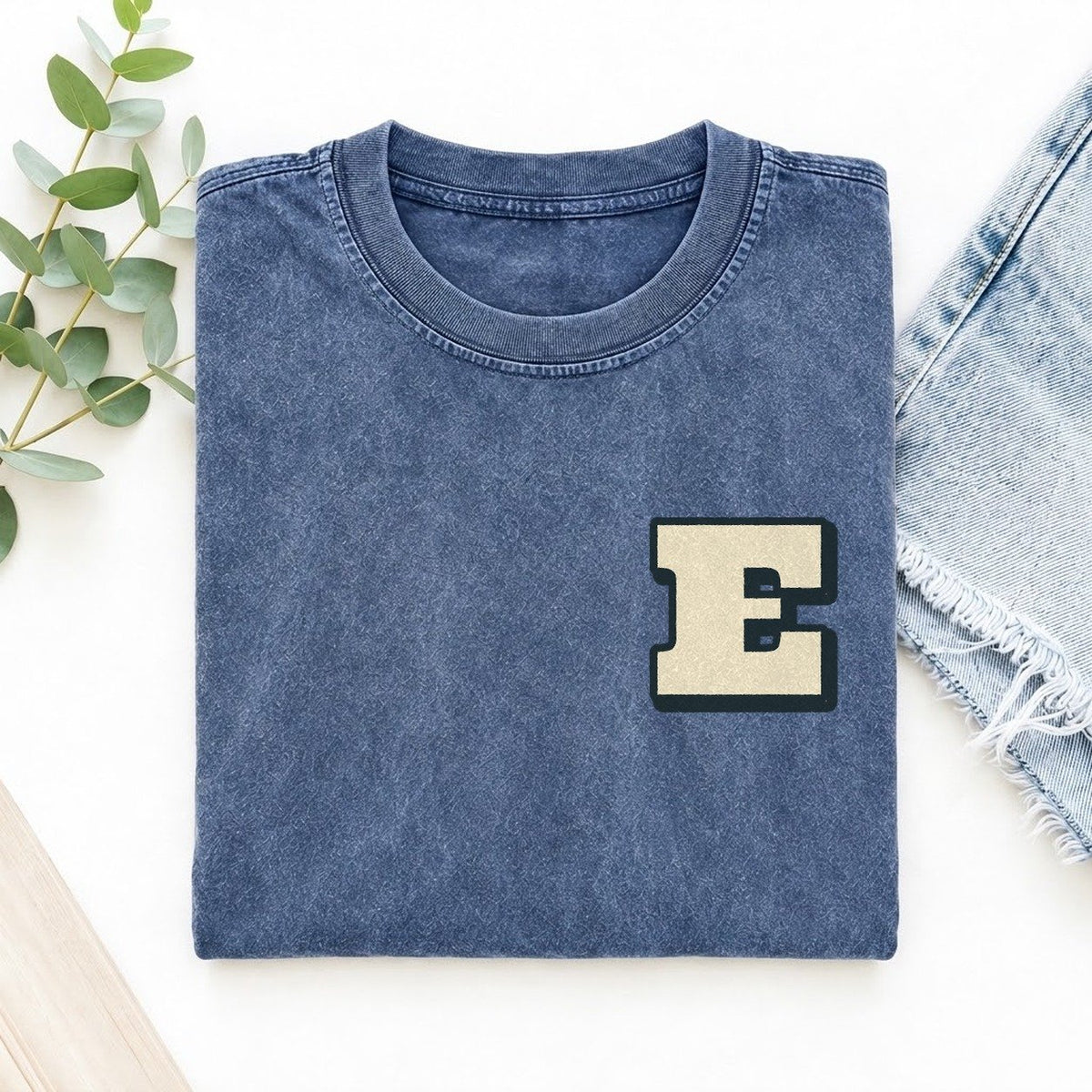 Initial E Left Chest Vintage T-shirt – Washed Blue