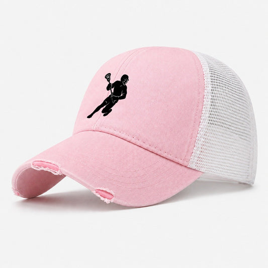Lacrosse Player Cradling Stick Washed Trucker Hat – Light Pink