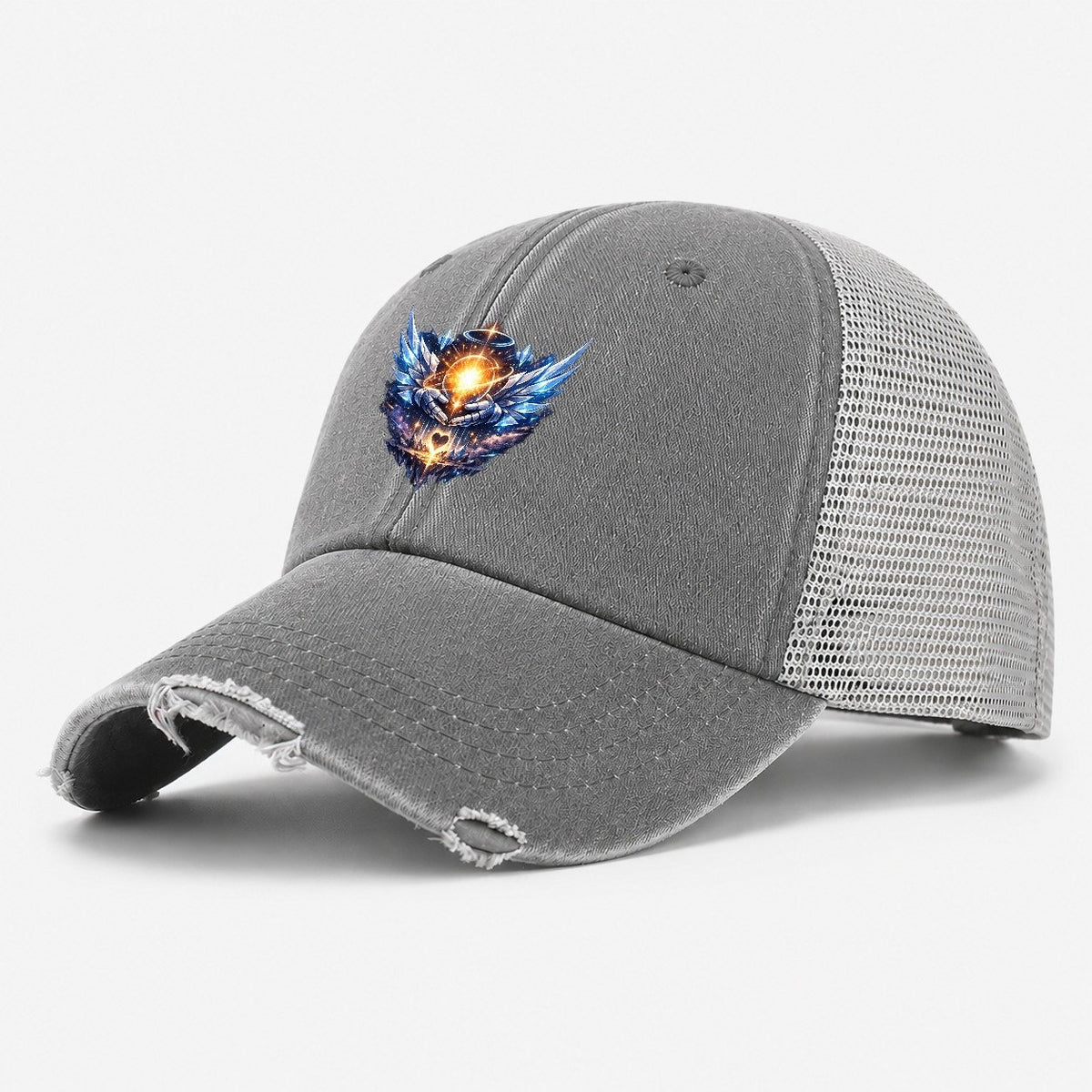 Robotic Hands Glowing Orb Washed Trucker Hat – Grey