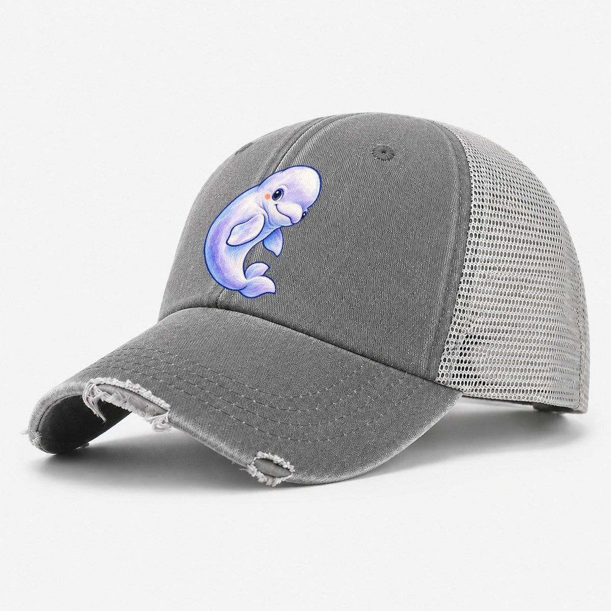 Beluga Whale Gentle Turn Sea Sprite Washed Trucker Hat – Grey