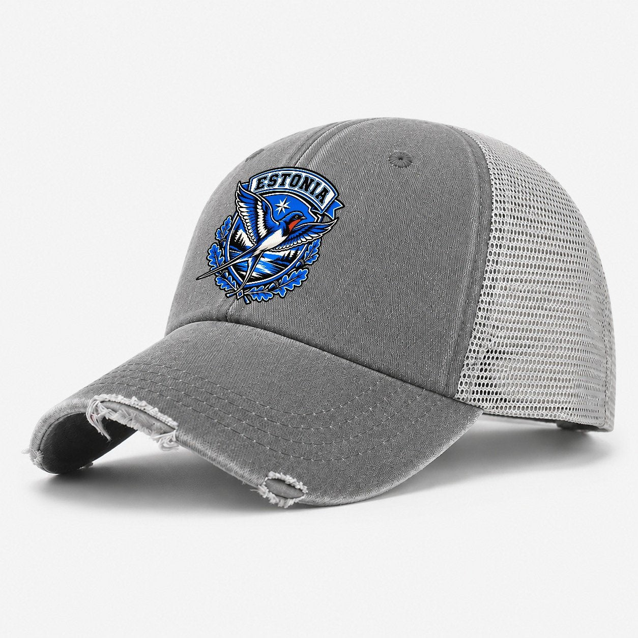 Estonia Retro Badge Country Logos Washed Trucker Hat – Grey